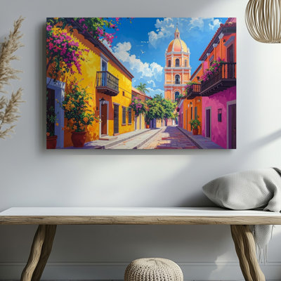 Wall Art Canvas Colorful Cartagena Street Colonial Latin American Ready To Hang Gallery Wrapped Home Decor Modern Design Premium Quality