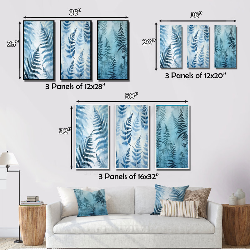 «Blue Fern Fond», 3 pièces sur toile, Toile tendue, H 28 po x l 36 po