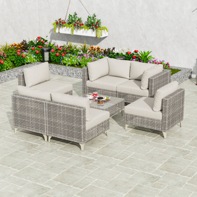 Ensemble de conversation modulaire d'extérieur pour patio 7 pièces, chaises modulaires en osier avec coussins et table basse en verre trempé