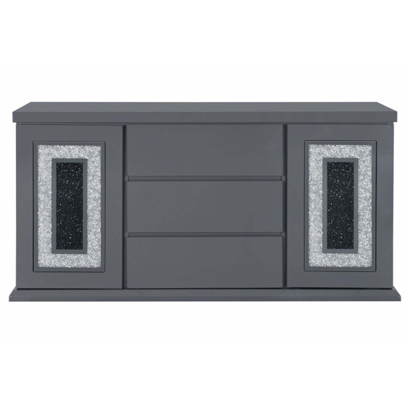 Buffet gris élégant avec une finition ultrabrillante et une incrustation de verre transparent, parfait pour les salles à manger modernes et les solutions de rangement.