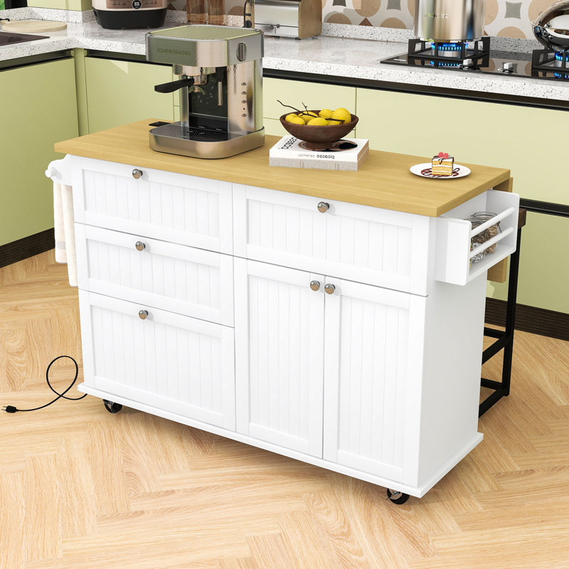 Adda Rustic Storage Kitchen Island Set with Expandable Drop-Leaf Tabletop and 2 Stools, White