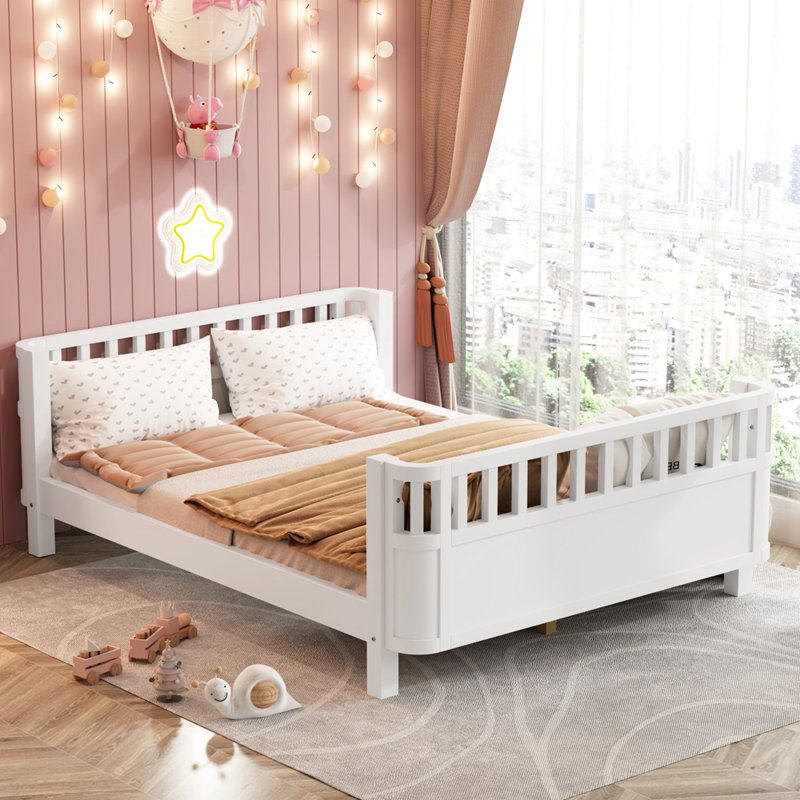Lit plateforme en bois avec rails, Lit double, Blanc