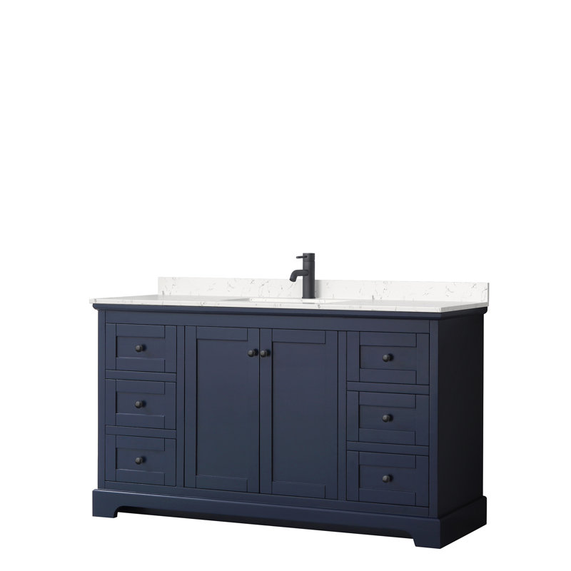 Avery 60'' Single Bathroom Vanity with Top, White Cultured Marble, Dark Blue, Matte Black