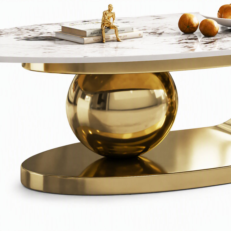 Table basse ovale en faux marbre de 125 cm (49,2 pouces) pour salon, table centrale moderne avec piètement en acier inoxydable pour la décoration intérieure