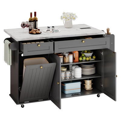 Jamera 60.2"W Kitchen Island with Two Large Storage Cabinets And Drawers, Locking Wheels