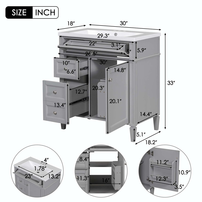 Windrim 30'' Single Bathroom Vanity  with Top Sink, Gray