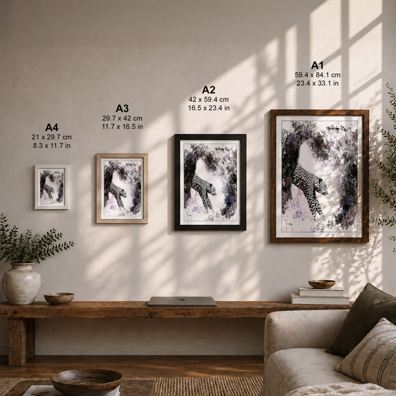 Descending Leopard Modern 1 Piece Single Picture Frame Wall Art, A3 - 42.0 x 29.7 cm, White