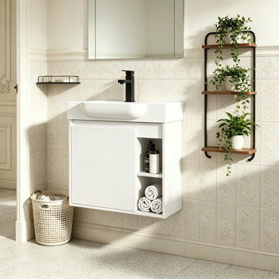 Meuble-lavabo mural 24 po avec lavabo en céramique blanche et porte à fermeture en douceur, emballage KD, blanc brillant