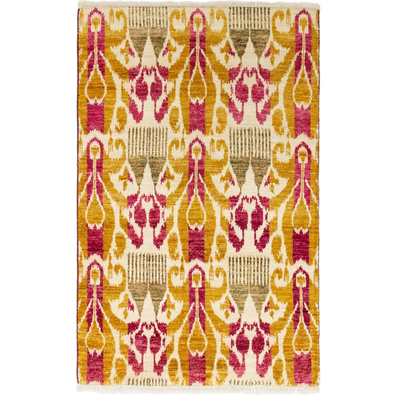 Tapis unique jaune / rose en laine noué à la main style Mogul des années 2010 4 pi x 6 pi 3 po Kao