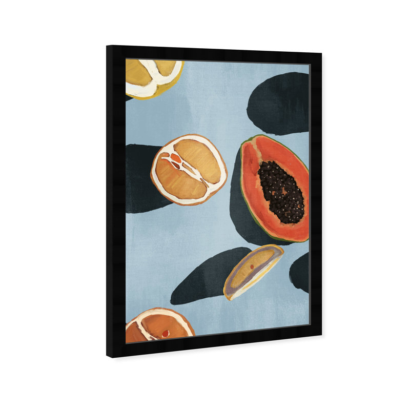 «Papaya Blues, Tropical Fruit Cocktail Modern Blue», impression encadrée pour la cuisine, H 45 po x l 30 po x P 1,75 po