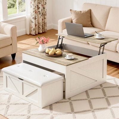 Coffee Tables With Storage Hidden Compartment, 31.5 Farmhouse Coffee Tables With Bench, Center Table With Wooden Lift Tabletop For Living Room, White