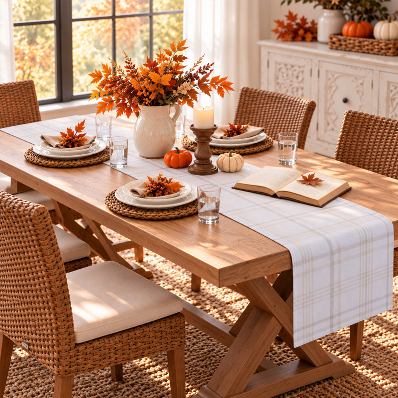 100% Cotton Holiday Plaid Table Runner, 90" L, Khaki/White