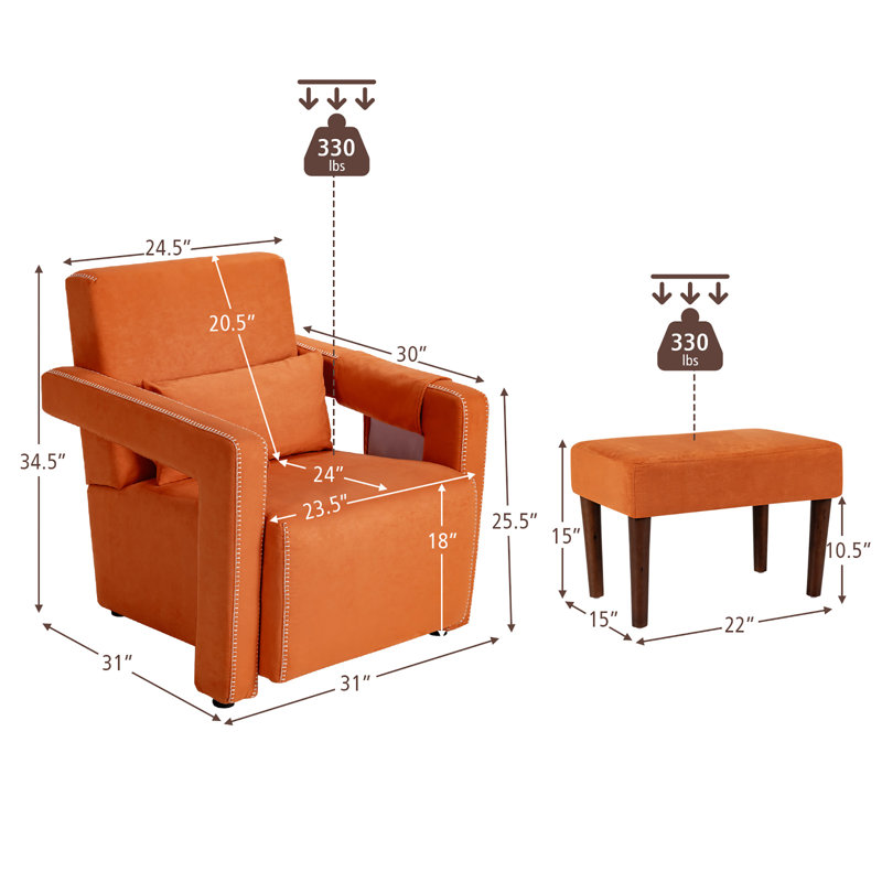 Aidenjohn Upholstered Armchair with Ottoman, Orange Suede Fabric