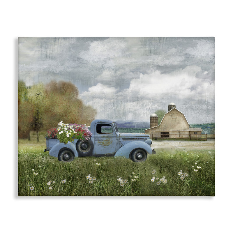 Camion bleu rétro vintage avec bouquet de fleurs et ciel nuageux par Nan - Peinture, H 24 po x l 30 po
