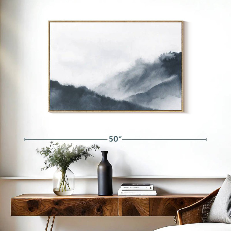 Misty Mountains en gris, Cadre flottant en bois naturel, 37 po x 25 po