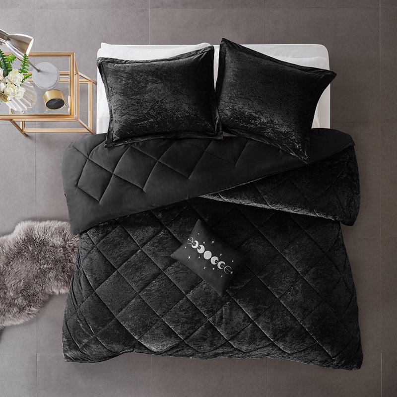 Ensemble d'édredon en velours 4 pièces, Noir, Édredon simple + 3 pièces supplémentaires