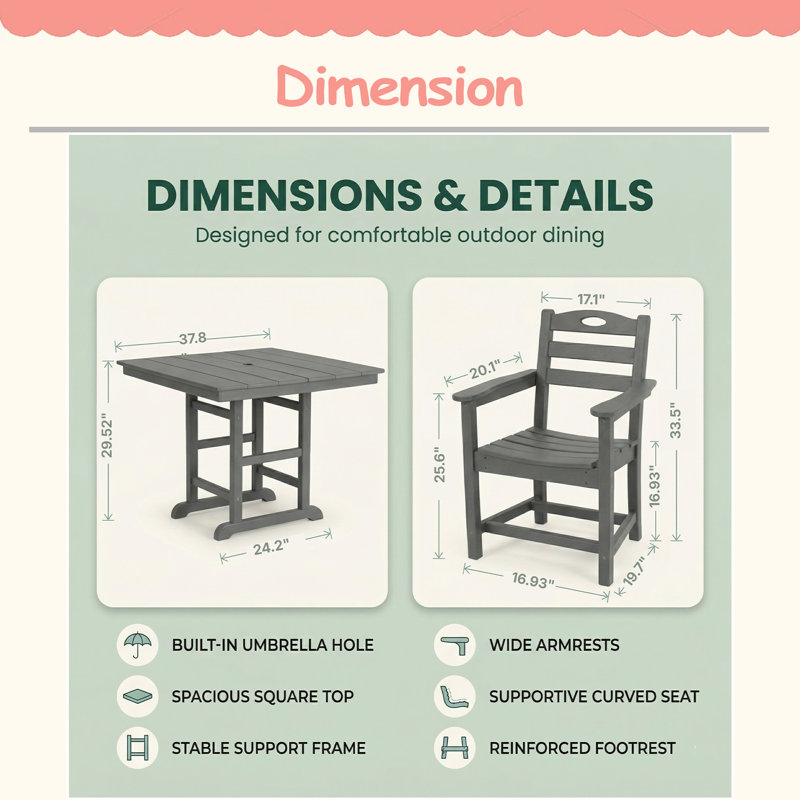 HDPE 3-Piece Outdoor Patio Dining Set With Square Table And 2 Armchairs，Sturdy Modern Design