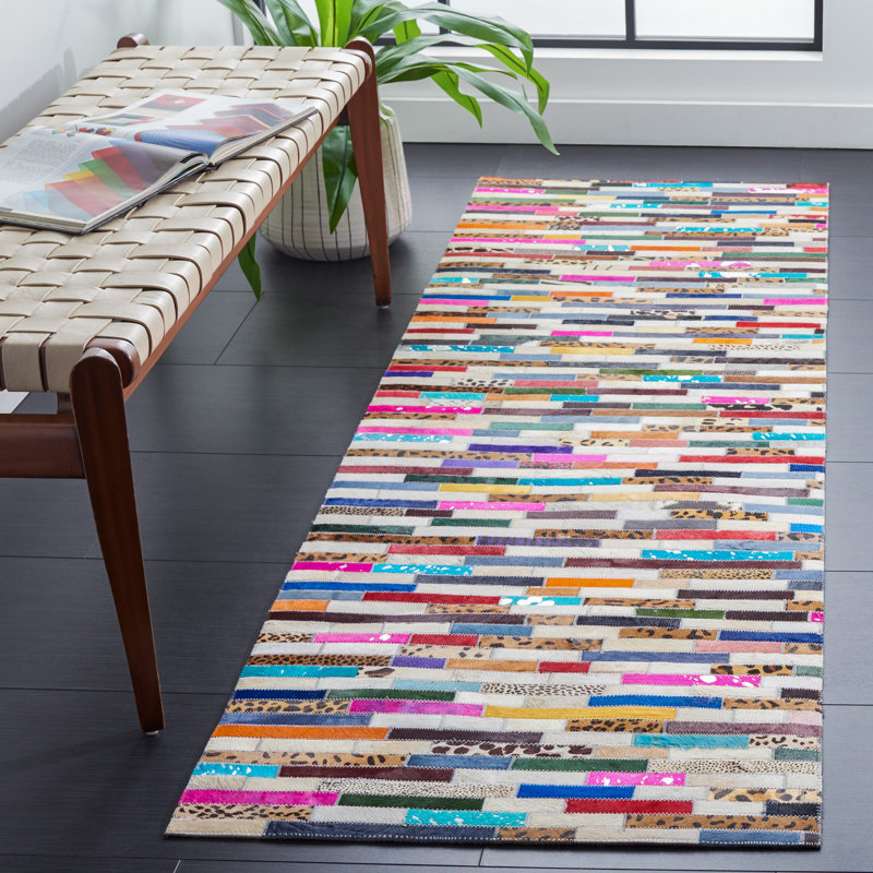 Tapis ivoire / bleu en cuir tissé à la main Knightsville, Tapis de couloir 2 pi 3 po x 7 pi