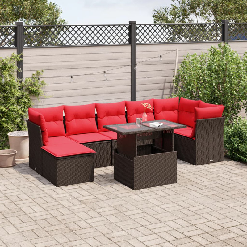  Ensemble de canapé de patio 8 pièces avec coussins en rotin de polyester noir, Rouge, Brun