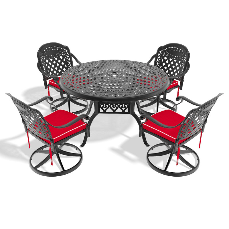 L'ensemble de salle à manger toutes saisons en fonte d'aluminium comprend 4 chaises pivotantes et une table ronde de 48,03 po avec cadre noir 