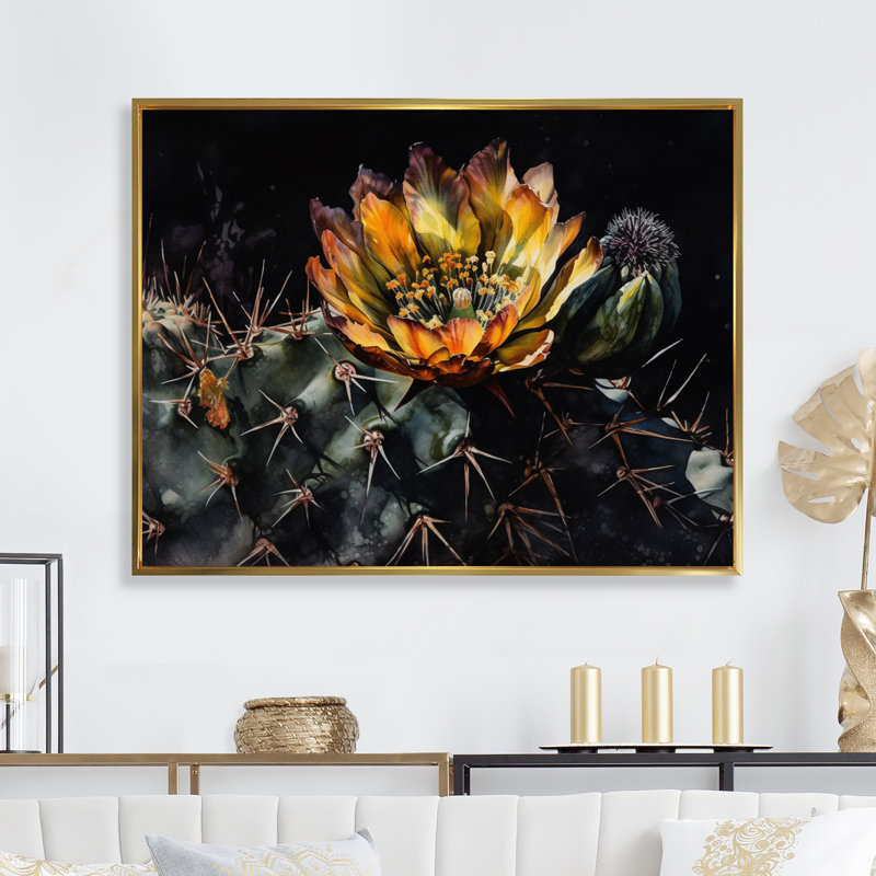 «Keyonia Yellow Green Cactus Flower I», reproduction sur toile, H 24 po x l 32 po x P 1 po, Cadre flottant doré