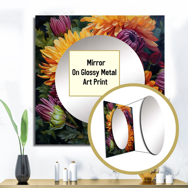Orange Purple Mums In Bloom - Floral Large Square Mirror Wall Decor For Bedroom, 23" x 23"