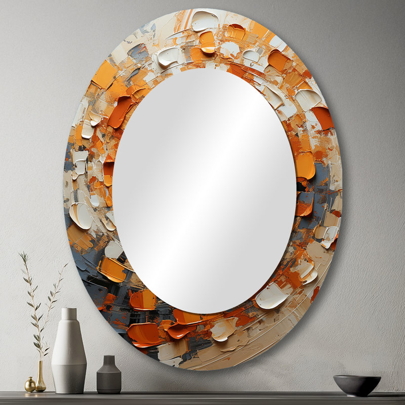 Orange And White Abstract Spiral Collage - Modern Oval Wall Mirror, 43" x 33"