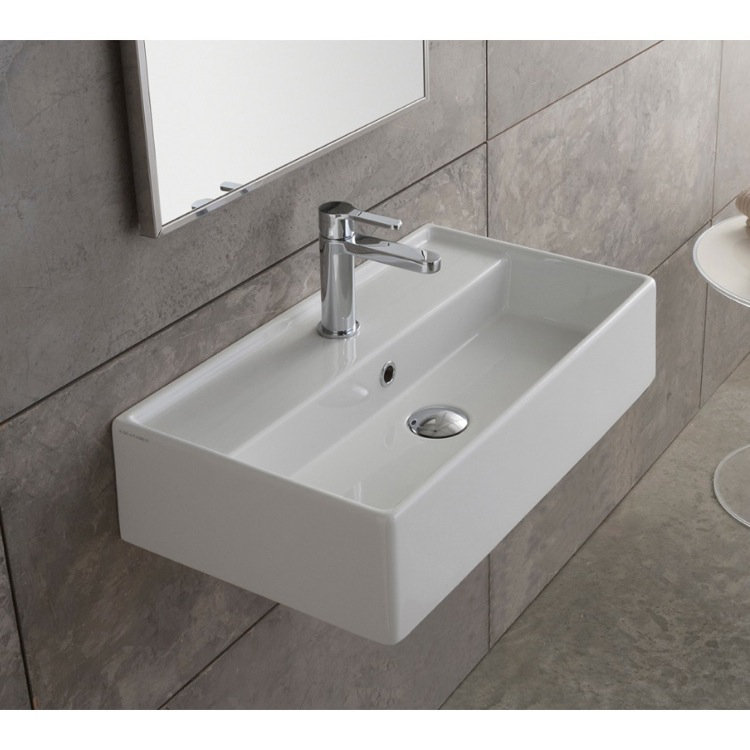 Teorema White Ceramic Rectangular Wall Mount Bathroom Sink with Overflow Scarabeo by Nameeks Number of Installation 
