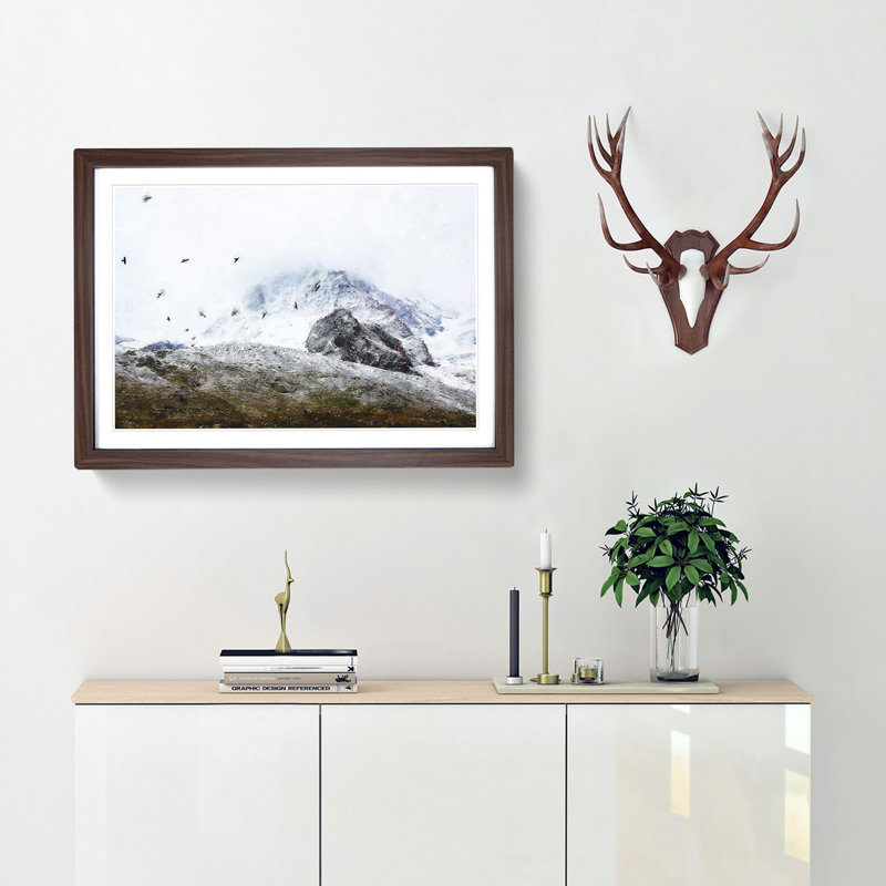 The Swiss Alps with a Flock of Birds - Picture Frame Painting Print, 62cm H x 87cm W x 2cm D, Walnut Framed