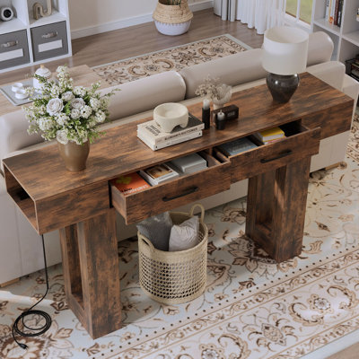 Console de 63 pouces de long, canapé rectangulaire en bois derrière le canapé, table d'entrée de style campagnard pour l'entrée, couloir, salon (naturel) brun rétro