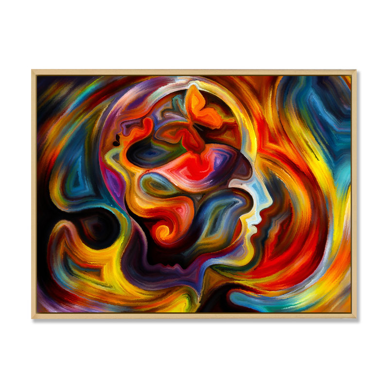 Visage sortant de coups de rouge et de jaune - Peinture sur toile, H 30 po x l 40 po, Cadre flottant en érable