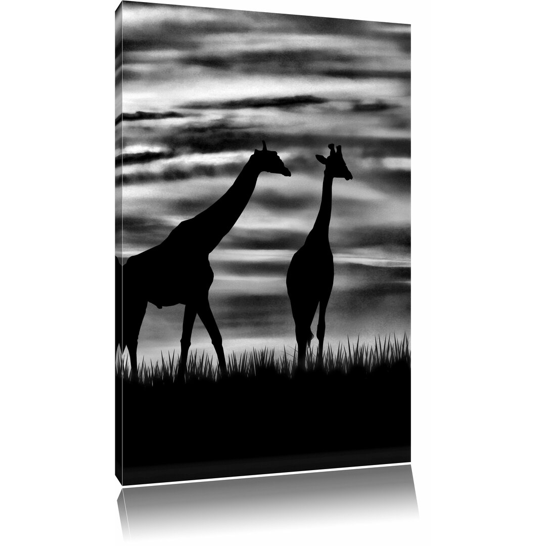 Leinwandbild Afrika Giraffen im Sonnenuntergang in Monochrom