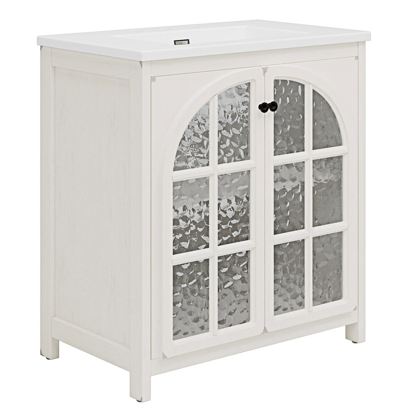 Meuble-lavabo Farmhouse avec lavabo en céramique, Blanc antique