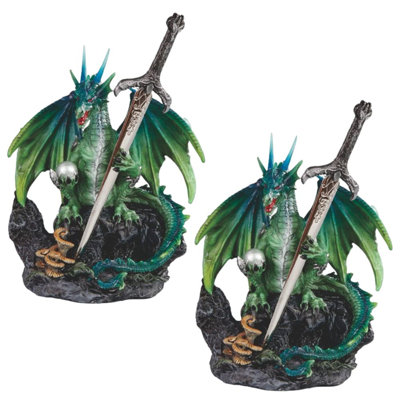"Ensemble de 2 pièces" ICE ARMOUR 6 "H dragon vert avec figurine épée, sculpture, ornement, décoration de la maison / chambre et idées de cadeaux parfaits pour la pendaison de crémaillère, les fêtes et les anniversaires