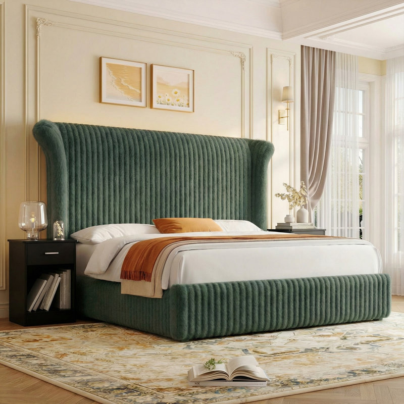 Ensemble de chambre à coucher moderne 3 pièces, lit à oreilles haut vert de 55 po avec éclairage intégré et tables de chevet à 1 tiroir