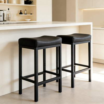 Bar Stools Set Of 2, 30-inch Counter Height Chairs With Synthetic Leather Stitched Seat For Kitchen Island, Modern Metal Frame For Residential Home Bars(black)