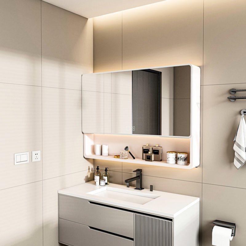 Armoire pour miroir de salle de bain kaki 35 x 28 pouces, aluminium, avec désembuage, contenant pour cosmétiques, miroir d'armoire à fente pour sèche-cheveux, pouces, 3 couleurs, panier, espace,