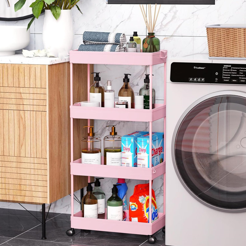 Rolling Storage Cart, Pink, 33.5" H x 8.66" W x 15.75" D