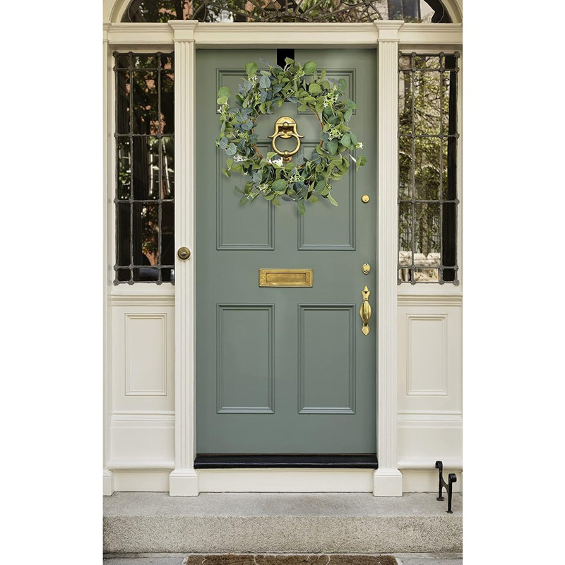 Couronne d'eucalyptus - Vert - Couronne artificielle faite à la main de 22 pouces pour la porte d'entrée, le mur ou la décoration extérieure, décoration de printemps et d'été toutes saisons