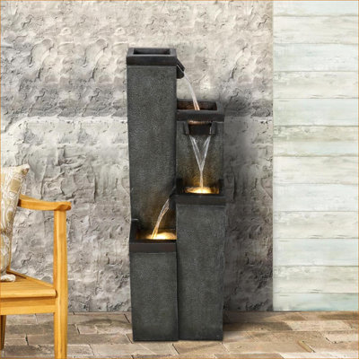 Fontaines | Moderne à 4 niveaux avec lumières DEL chaudes, H 39,3 po, pour patio extérieur intérieur | Résine | Fontaine à cascade à niveaux