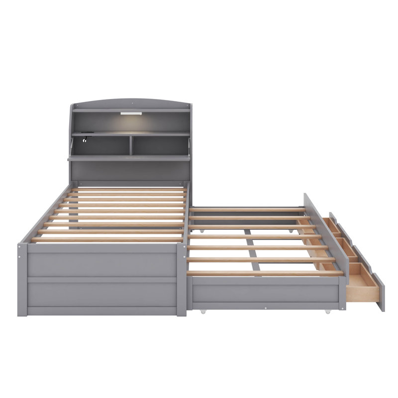 Lit plateforme en bois avec lit gigogne, tête de lit et tiroirs à DEL, Lit simple, Gris