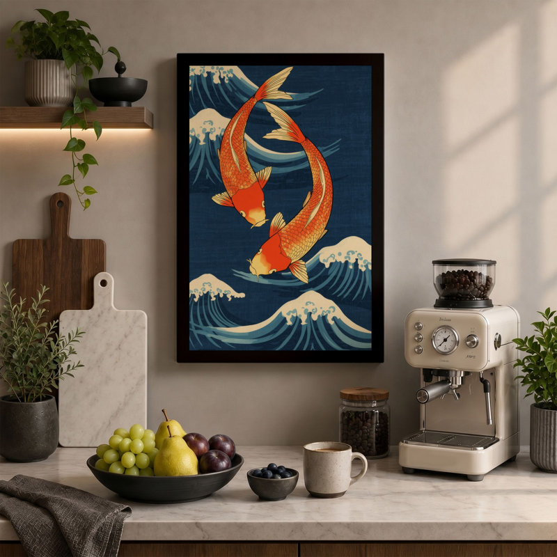 Dancing Koi Japandi - Wrapped Canvas, 36x24 - 91.4 x 61.0 cm, Ochre Border