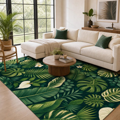 1Pcs Tropical Leaf Pattern Area Rug - Lush Greenery Design, Vibrant Botanical Print, Easy Care Floor Mat, Non-Slip Backing, for Living Room, Bedroom, Kitchen, and Office Indoor Use for home detor