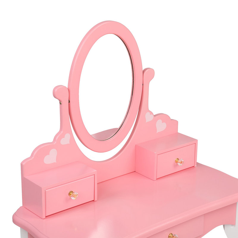Camron Solid Wood Kids Vanity Set with Mirror, Pink/White
