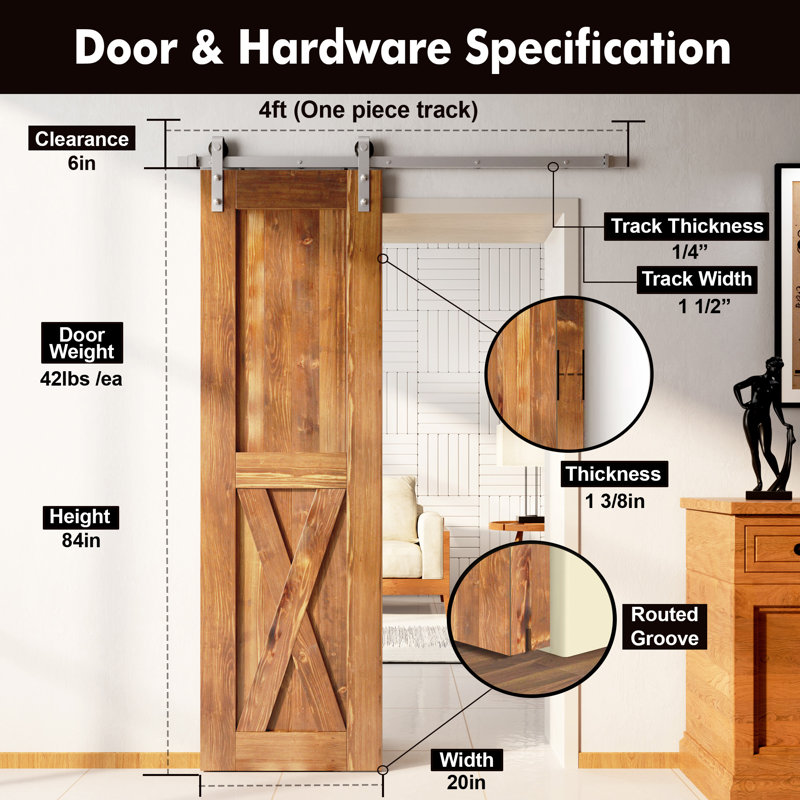X Design Colour Solid Pine Wood Unassembled Door with Brushed Nickel Installation Hardware Kit, Early American, 20" x 84"