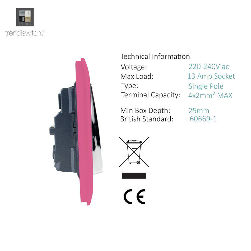 Trendi Switch 2 Gang Long Switched Plug Socket, Pink
