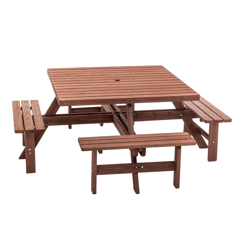 Table de pique-nique carrée pour 8 personnes avec trou pour parasol