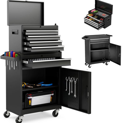 Metal Tool Cart With 5 Drawers, Detachable Top Box, Lockable Wheels, And 154Pcs Tools - Steel, Rust-, Suitable For Workshop Chest Locking Mechanism, Construction, Rustproof, Ideal Garage