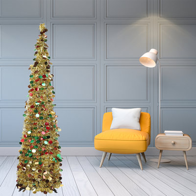 5 FT Artificial Pencil Christmas Tree, Colorful Gold  Tinsel Xmas Tree, Collapsible Holiday Decor for Home Office, Easy Assembly & Storage