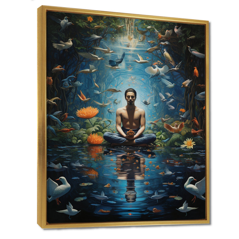 Yogi méditant sur un lac, fleur blanche, oiseau, yoga, décoration murale, Toile avec cadre flottant or